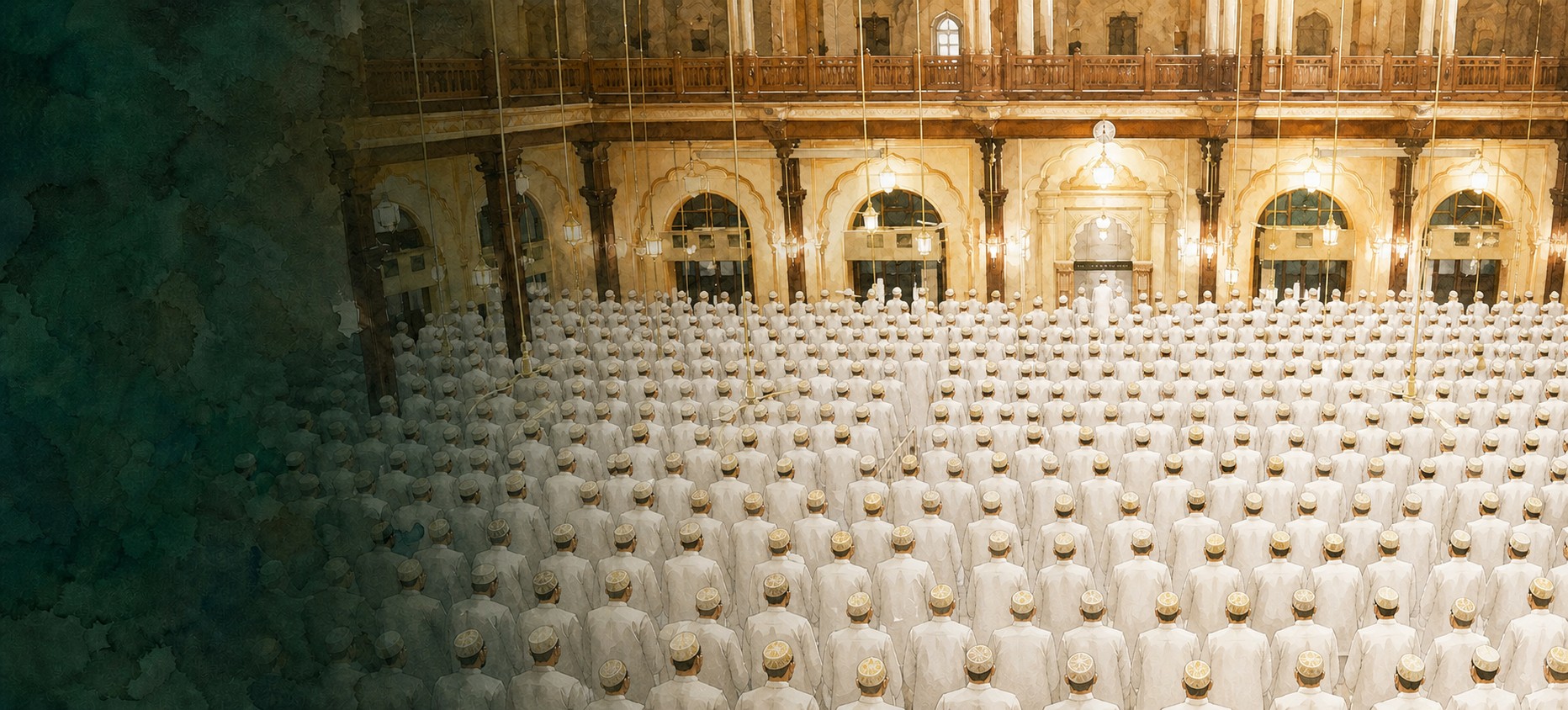 Watercolor of Mumineen gathered for namaaz inside a Dawoodi Bohra masjid
