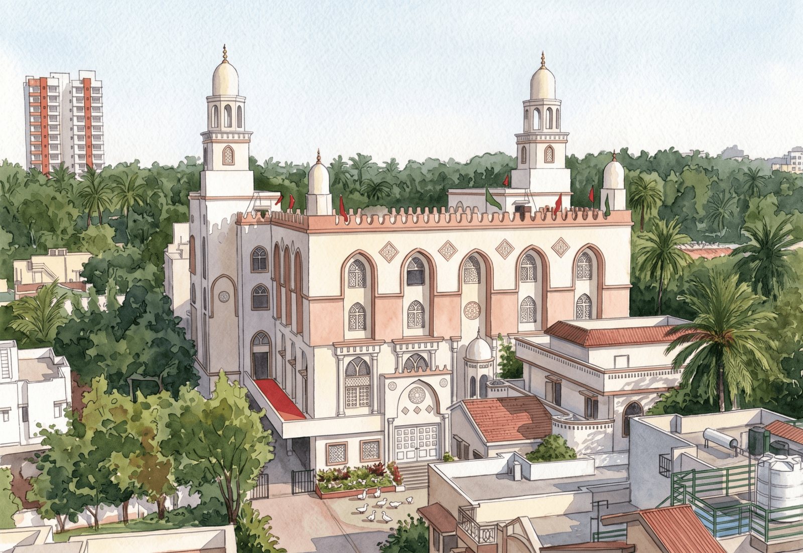 Watercolor portraits of the Bengaluru masjids